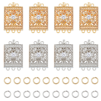 8Pcs Brass Pave Clear Cubic Zirconia Box Clasps, Multi-Strand Clasps, 3-Strands, 6 Holes, Rectangle, with 40Pcs Open Jump Rings, Platinum & Golden, 14x22.9x6.7mm, Hole: 1.2mm
