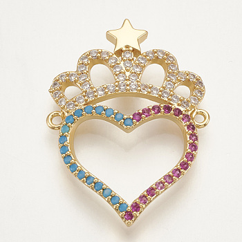 Brass Micro Pave Cubic Zirconia Links, Crown with Heart, Colorful, Golden, 28x21x3mm, Hole: 1mm