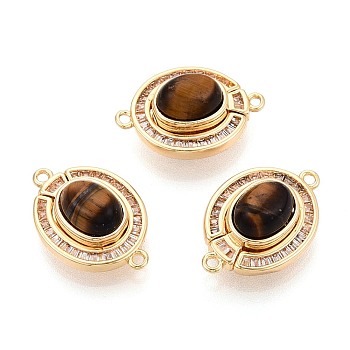 Brass Pave Clear Cubic Zirconia Magnetic Clasps, Oval, with Loops & Tiger Eye, Real 18K Gold Plated, 18.5x12.5x8mm, Hole: 1.1~1.2mm