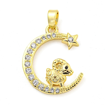 Brass Micro Pave Clear Cubic Zirconia Pendant, The 12 Chinese Zodiac, Sheep, 20.5x16.5x2.5mm, Hole: 5x2.8mm