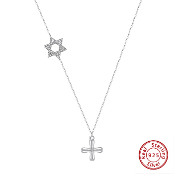 925 Sterling Silver Cable Chain Necklaces, Micro Pave 5A Cubic Zirconia Star Charms, Cross Pendant Necklaces , Real Platinum Plated, 14.09 inch(35.8cm)