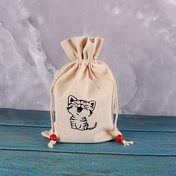 Printed Rectangle Cotton Storage Bags, Drawstring Pouches Packaging Bag, Cat Shape, 23x15cm