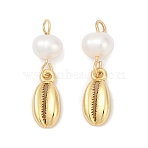 Natural Cultured Freshwater Pearl & Brass Pendants, Conch Charms, Rack Plating, Cadmium Free & Lead Free, Long-Lasting Plated, Real 18K Gold Plated, 23.5x6.5x5.5mm, Hole: 2mm(KK-U062-05G)