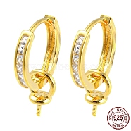 925 Sterling Silver Micro Pave Cubic Zirconia Hoop Earring Findings, with Peg Bails, for Half Drilled Beads, Real 18K Gold Plated, 21 Gauge, 28x12.5x2.2mm, Pin: 0.7mm(STER-P051-04G)