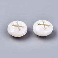 Natural Freshwater Shell Beads, with Golden Plated Brass Etched Metal Embellishments, Flat Round, Seashell Color, Letter.X, 8x3~5mm, Hole: 0.5~07mm(SHEL-S266-12X)