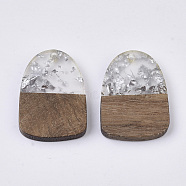 Transparent Resin & Walnut Wood Pendants, with Silver Foil, Teardrop, Silver, 28x20x3~4mm, Hole: 2mm(RESI-Q210-005A-A02)