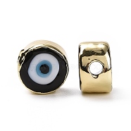 Handmade Evil Eye Lampwork Beads, with Golden Tone Brass Findings, Long-Lasting Plated, Cadmium Free & Lead Free, Flat Round, Black, 12.5x8mm, Hole: 2.5mm(LAMP-P057-05G-02)