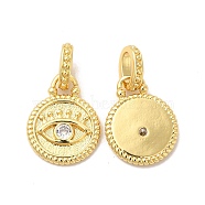 Rack Plating Brass Pave Clear Cubic Zirconia European Dangle Charms, Flat Round with Eye, Large Hole Pendants, with Jump Rings, Cadmium Free & Lead Free, Real 18K Gold Plated, 18x14x2mm, Hole: 3x6mm(KK-B068-25G)
