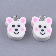 Handmade Polymer Clay Charms, with Iron Findings, Mouse, Platinum, White, 14x11x4.5~5mm, Hole: 1.8mm(CLAY-S091-102)