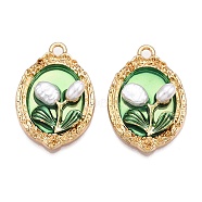 Rack Plating Alloy Enamel Pendants, with ABS Imitation Pearl, Cadmium Free & Nickel Free & Lead Free, Light Gold, Oval with Flower Charm, Medium Sea Green, 26.5x17.5x5mm, Hole: 1.8mm(ENAM-N056-377KCG)