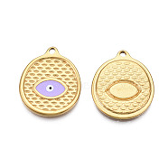 304 Stainless Steel Enamel Pendants, Real 18K Gold Plated, Oval with Evil Eye, Lilac, 24x20x2mm, Hole: 1.8mm(STAS-N092-146C)