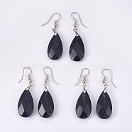 Synthetic Blue Goldstone Dangle Earrings, with Brass Findings, teardrop, Faceted, Platinum, 45~49mm, Pin: 0.7mm, Pendant: 24~26x13x6~7mm(EJEW-P150-A08)