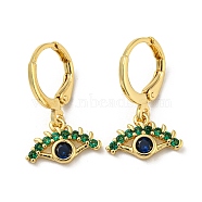 Real 18K Gold Plated Brass Dangle Leverback Earrings, with Glass, Evil Eye, Green, 21.5x13mm(EJEW-A033-09G-02)