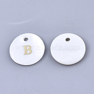 Natural White Shell Mother of Pearl Shell Charms, with Iron Sticker, Flat Round with Letter, Letter.B, 13x2mm, Hole: 1.5mm(X-SSHEL-N036-053B)