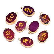Natural Agate Pendants, with Light Gold Plated Brass Edge & Iorn Loops, Gold Powder, Dyed & Heated, Oval with Flower Charm, Purple, 23~24x15~16.5x4~6.5mm, Hole: 1.6mm(G-N326-154F)