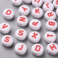 Opaque White Acrylic Beads, with Enamel, Horizontal Hole, Flat Round with Random Initial Letter, Red, 9.5x4.5mm, Hole: 2mm, 1580pcs/500g(SACR-T338-12E)
