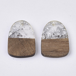 Transparent Resin & Walnut Wood Pendants, with Silver Foil, Teardrop, Silver, 28x20x3~4mm, Hole: 2mm(RESI-Q210-005A-A02)