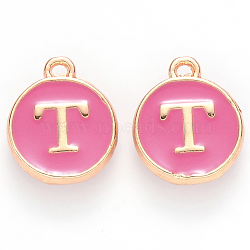 Golden Plated Alloy Enamel Charms, Cadmium Free & Lead Free, Enamelled Sequins, Flat Round with Letter, Camellia, Letter.T, 14x12x2mm, Hole: 1.5mm(X-ENAM-S118-08T)