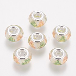 Resin European Beads, with Brass Cores, Large Hole Beads, Rondelle, Silver Color Plated, Colorful, 13x8mm, Hole: 4.8mm(RPDL-I001-15)