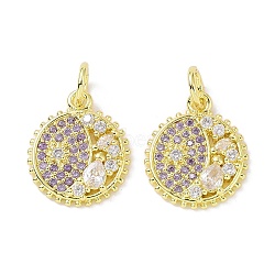 Real 18K Gold Plated Brass Micro Pave Cubic Zirconia Pendants, with Jump Ring, Evil Eye Charms, Lilac, 16.5x14x3mm, Hole: 4mm(KK-L209-056G-03)