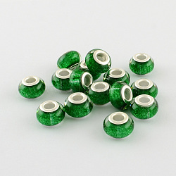 Large Hole Resin European Beads, with Silver Color Plated Brass Double Cores, Rondelle, Green, 14x9mm, Hole: 5mm(OPDL-R118-08B)