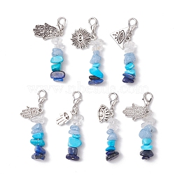 Natural Lapis Lazuli  & Natural Aquamarine Chips Pendant Decoration, Alloy Charms  and Lobster Claw Clasps Charms for Bag Ornaments, Hamsa Hand, 46~51mm, Pendant: 11~21x8.5~16x1~2mm, 7pcs/set(HJEW-JM02100-03)