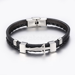 Leather Braided Cord Bracelets, with 304 Stainless Steel Finding, Rectangle with Crucifix, Black, 8-1/4 inch(210mm), 8.5x3~7mm(BJEW-E324-A10)