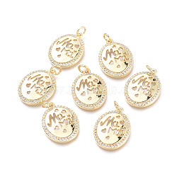 Brass Micro Pave Cubic Zirconia Pendants, with Jump Rings, Long-Lasting Plated, Cadmium Free & Lead Free & Nickel Free, for Mother's Day, Oval with Word Mom, Clear, Real 18K Gold Plated, 20x15x3mm, Hole: 3.4mm(KK-I673-24G)