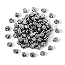 CCB Plastic Beads, Flat Round with Random Mixed Letters, Gunmetal, 7x4mm, Hole: 1.4mm, about 100pcs/bag(CCB-YW0001-01B)