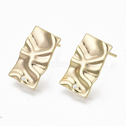 Brass Stud Earring Findings, with Loops, Nickel Free, Hammered, Rectangle, Real 18K Gold Plated, 17x9.5mm, Hole: 1.4mm, Pin: 0.7mm(KK-R132-057-NF)