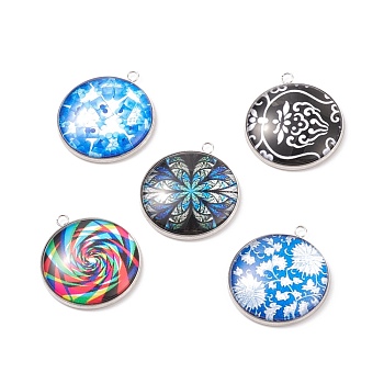 Glass Pendants, with 304 Stainless Steel Pendant Cabochon Setting, Flat Round, Platinum, 30x26x6mm, Hole: 2.3mm
