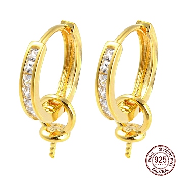 925 Sterling Silver Micro Pave Cubic Zirconia Hoop Earring Findings, with Peg Bails, for Half Drilled Beads, Real 18K Gold Plated, 21 Gauge, 28x12.5x2.2mm, Pin: 0.7mm