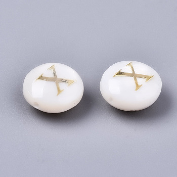 Natural Freshwater Shell Beads, with Golden Plated Brass Etched Metal Embellishments, Flat Round, Seashell Color, Letter.X, 8x3~5mm, Hole: 0.5~07mm
