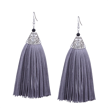 Dangling Tassel Earrings, with Alloy Finding, Antique Silver, Gray, 110x40mm