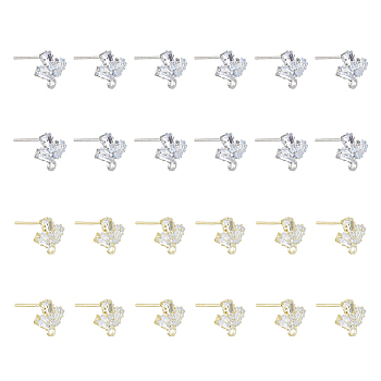 24Pcs 2 Color Brass Micro Pave Clear Cubic Zirconia Stud Earring Findings, with Horizontal Loops, Leaf, with 50Pcs Plastic Ear Nuts, Platinum & Golden, 10.5x10mm, Hole: 1.8mm, Pin: 0.7mm, 12Pcs/color