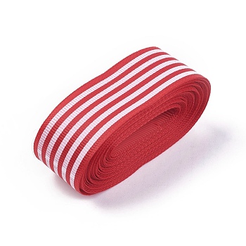Stripe Pattern Printed Cotton Grosgrain Ribbon, for DIY Bowknot Accessories, Red, 1 inch(25mm), about 5.47yards/roll(5m/roll)