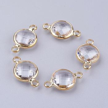 Golden Tone Brass Glass Links connectors, Faceted, Flat Round, Clear, 16x10.5x4mm, Hole: 1.5mm