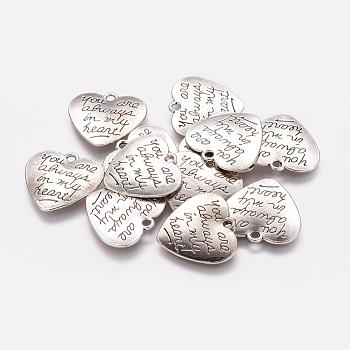 Tibetan Style Carved Words Alloy Heart Pendants, Quote Pendants, Cadmium Free & Lead Free, Antique Silver, 20.3x21.4x2mm, Hole: 2mm, about 384pcs/1000g