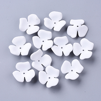 3-Petal Spray Painted Acrylic Bead Caps, Rubberized Style, Flower, White, 23x20~22x7mm, Hole: 1.6mm