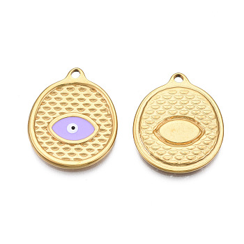304 Stainless Steel Enamel Pendants, Real 18K Gold Plated, Oval with Evil Eye, Lilac, 24x20x2mm, Hole: 1.8mm