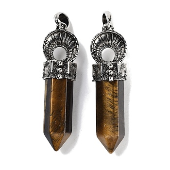 Natural Tiger Eye Pointed Big Pendants, Faceted Bullet Charms with Rack Plating Antique Silver Plated Alloy Horn, 61~62x17.5x16mm, Hole: 7x6.5mm
