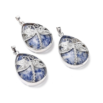 Natural Blue Spot Jasper Pendants, with Platinum Tone Brass Findings, Lead Free & Cadmium Free, Teardrop with Dragonfly Charms, 40~40.5x26~26.5x9~9.5mm, Hole: 5x7mm