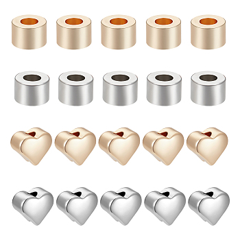 32Pcs 4 Styles Brass Spacer Beads, Heart & Column, Platinum & Golden, 5~6x6x3.5~4mm, Hole: 1~2.5mm, 8pcs/style