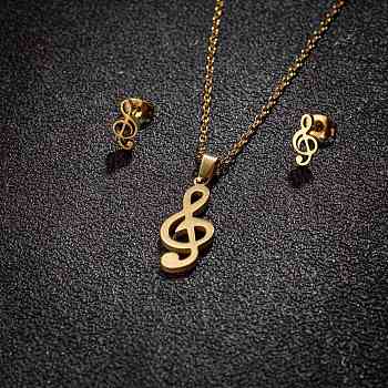 Stainless Steel Musical Note Stud Earrings & Pendant Necklaces Sets for Women, Golden, 65x50mm