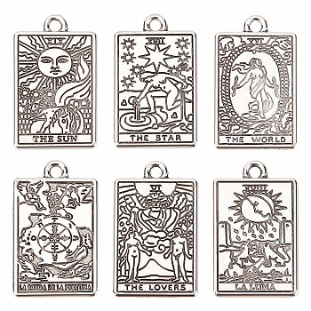 36pcs 6 style Tibetan Style Alloy Pendants, Rectangle with Tarot Pattern, Antique Silver, 23x14x1.5mm, Hole: 1.8mm, 6pcs/style