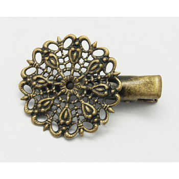Iron Alligator Hair Clip Findings, with Brass Filigree Flower Tray, Antique Bronze, 35x25x10mm