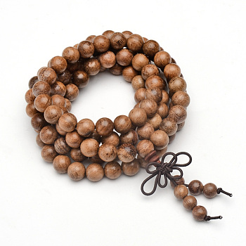 Bijoux de style bouddhiste enroulés 5-boucle, bracelets / colliers de perle de mala en bois, ronde, chameau, 34-5/8 pouce (88 cm)
