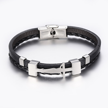 Leather Braided Cord Bracelets, with 304 Stainless Steel Finding, Rectangle with Crucifix, Black, 8-1/4 inch(210mm), 8.5x3~7mm