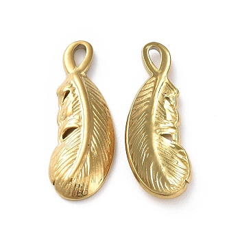 Ion Plating(IP) 304 Stainless Steel Pendants, Feather Charm, Golden, 20x7x2mm, Hole: 1x2mm