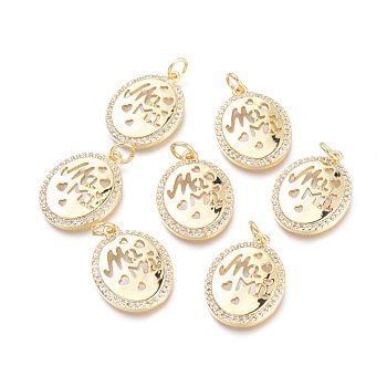 Brass Micro Pave Cubic Zirconia Pendants, with Jump Rings, Long-Lasting Plated, Cadmium Free & Lead Free & Nickel Free, for Mother's Day, Oval with Word Mom, Clear, Real 18K Gold Plated, 20x15x3mm, Hole: 3.4mm